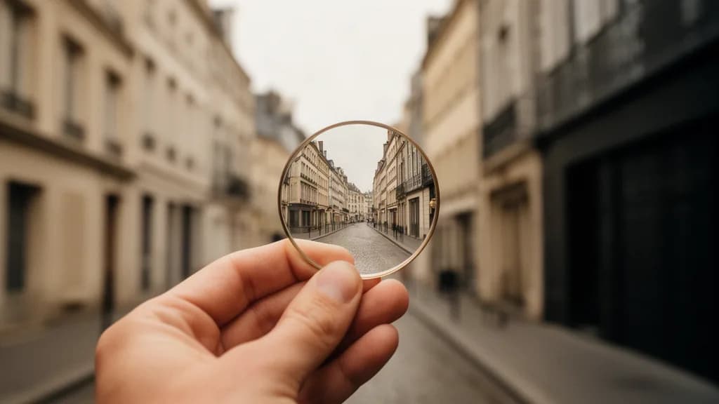 Een hand houdt een los brillenglas voor een straat. Het stukje straat in het glas is scherp, de rest is onscherp.