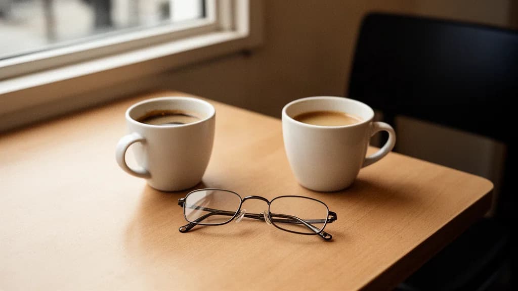 Een cafétafel met twee koppen koffie en een dichtgevouwen bril ertussen. De stoel aan de overkant is leeg.